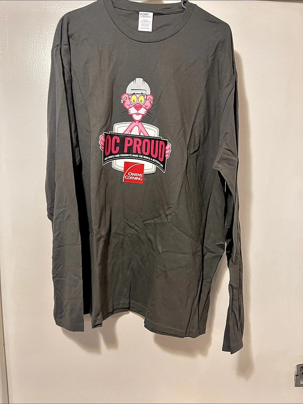 NWOT Owens Corning Pink Panther OC Proud Long Sleeve T-Shirt Tee Gray